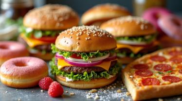 Een kleurrijke combinatie van junkfood op een tafel