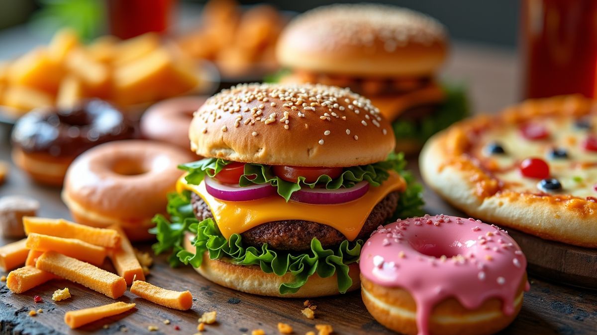 Een kleurrijke combinatie van junkfood op een tafel