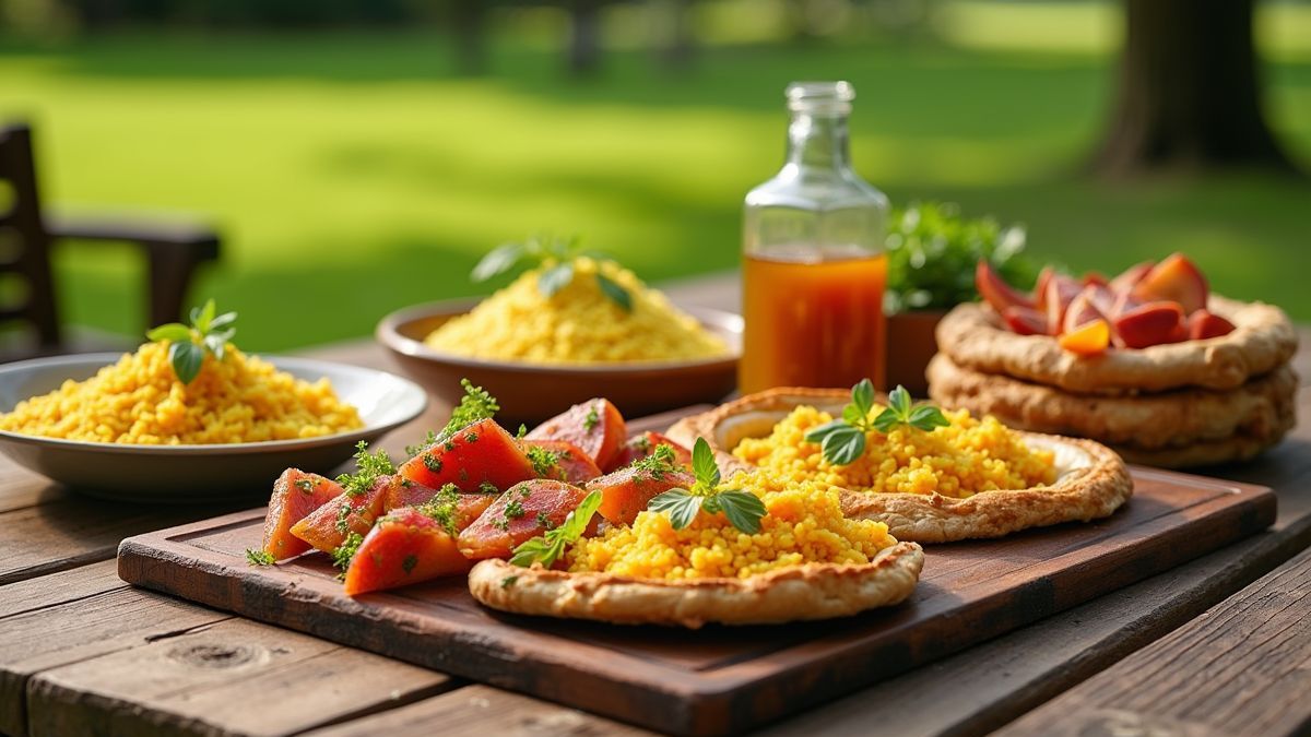 Een kleurrijke couscous picknickspread op een tafel in het park