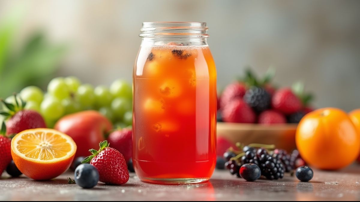 Een kleurrijke fles kombucha met verse vruchten