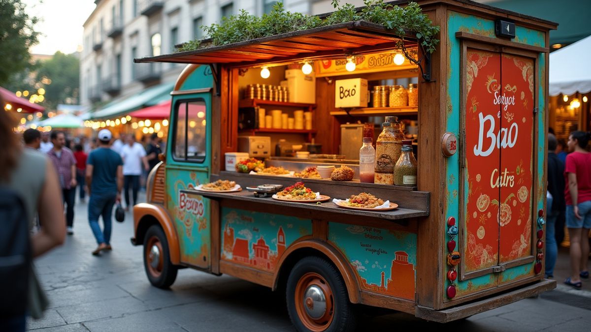 Een kleurrijke foodtruck die bao aanbiedt op een levendige markt.