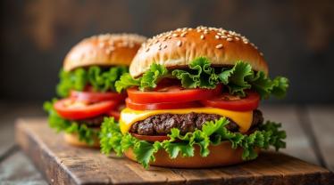 Een kleurrijke hamburger met verse ingrediënten.