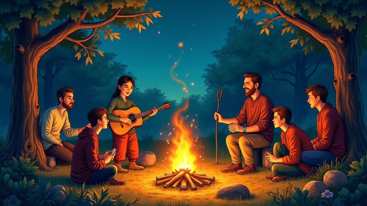 Een kleurrijke illustratie van Belgische folklore verhalen rond een kampvuur