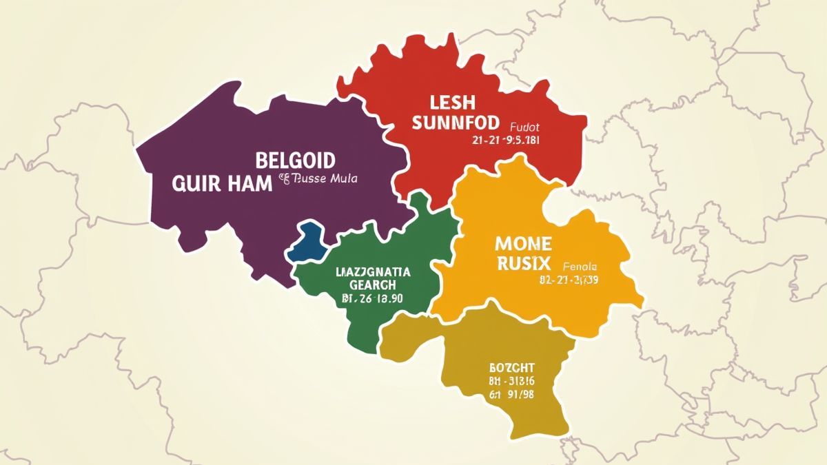 Een kleurrijke illustratie van de kaart van België die verschillende postcodes toont.
