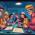 Een kleurrijke illustratie van nerdy interesses zoals stripboeken, games en technologie.