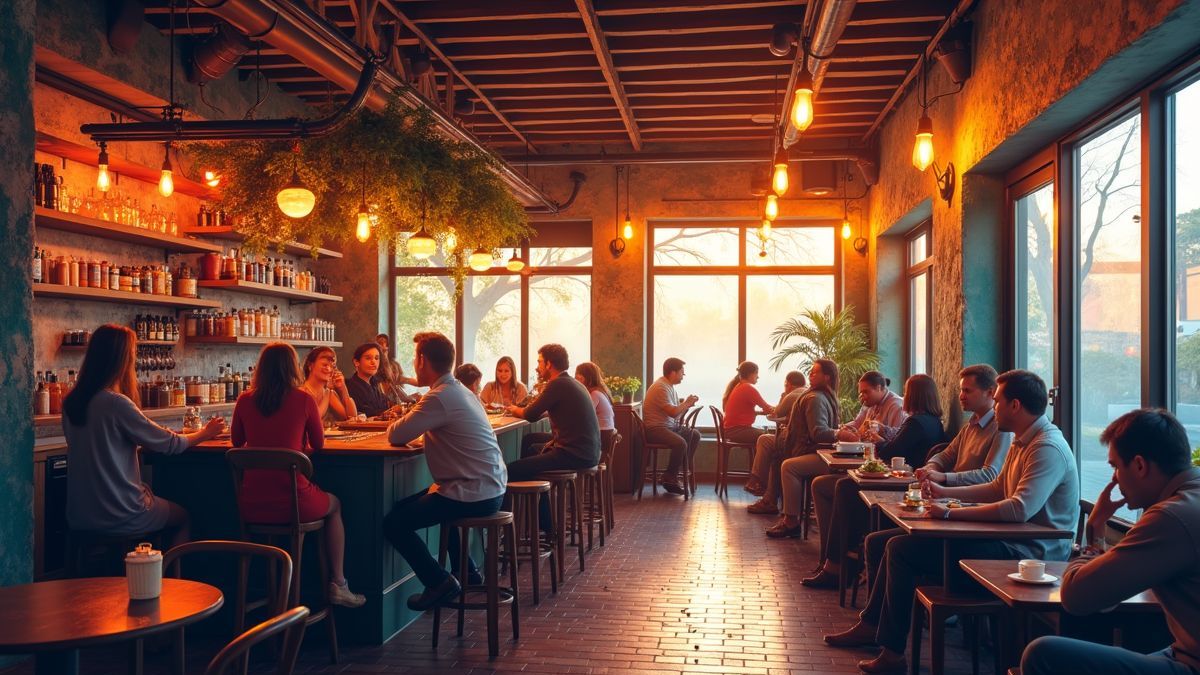 Een kleurrijke koffieshop met mensen die met elkaar praten