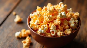 Een kleurrijke kom met caramel popcorn op een houten tafel