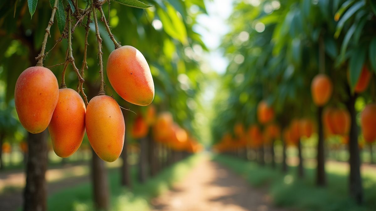 Een kleurrijke mango-boomgaard met rijpe vruchten