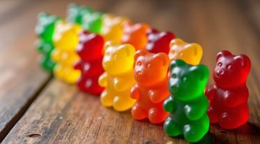 Een kleurrijke mix van gummy beren op een houten tafel