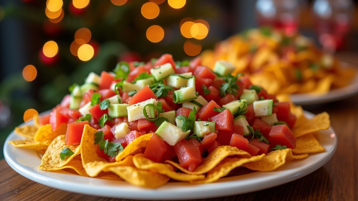 Een kleurrijke nacho schotel op een feestelijk evenement.