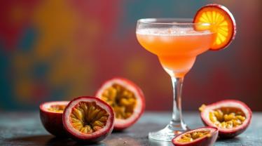 Een kleurrijke passievrucht martini met vers gesneden passievrucht