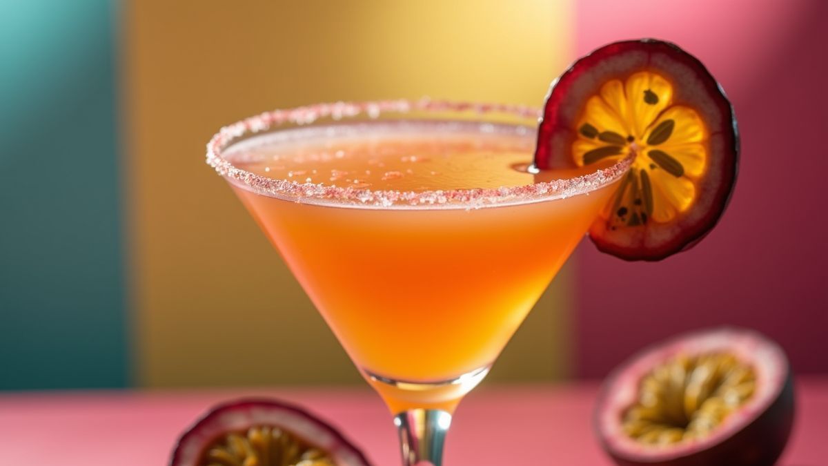 Een kleurrijke passievrucht martini met vers gesneden passievrucht