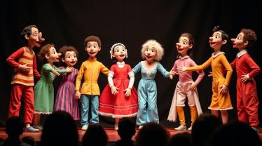 Een kleurrijke poppenkastvoorstelling met een publiek.