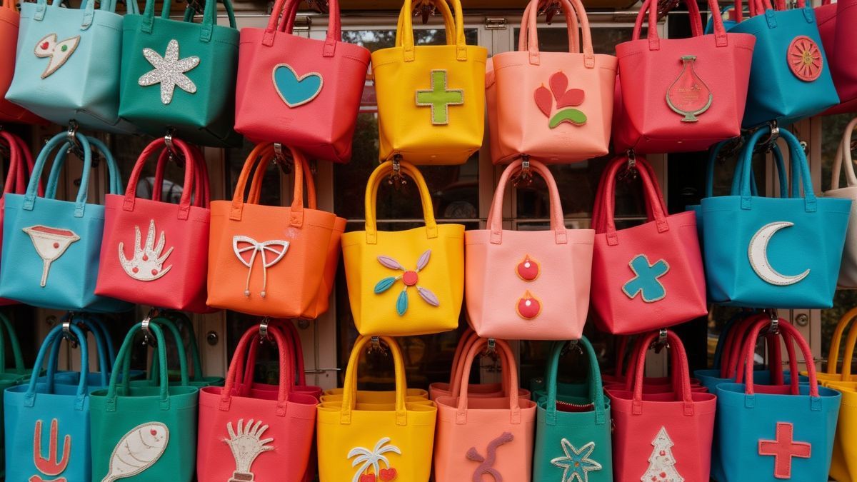 Een kleurrijke presentatie van milieuvriendelijke handtassen
