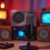 Een kleurrijke radiostudio met retro radio's