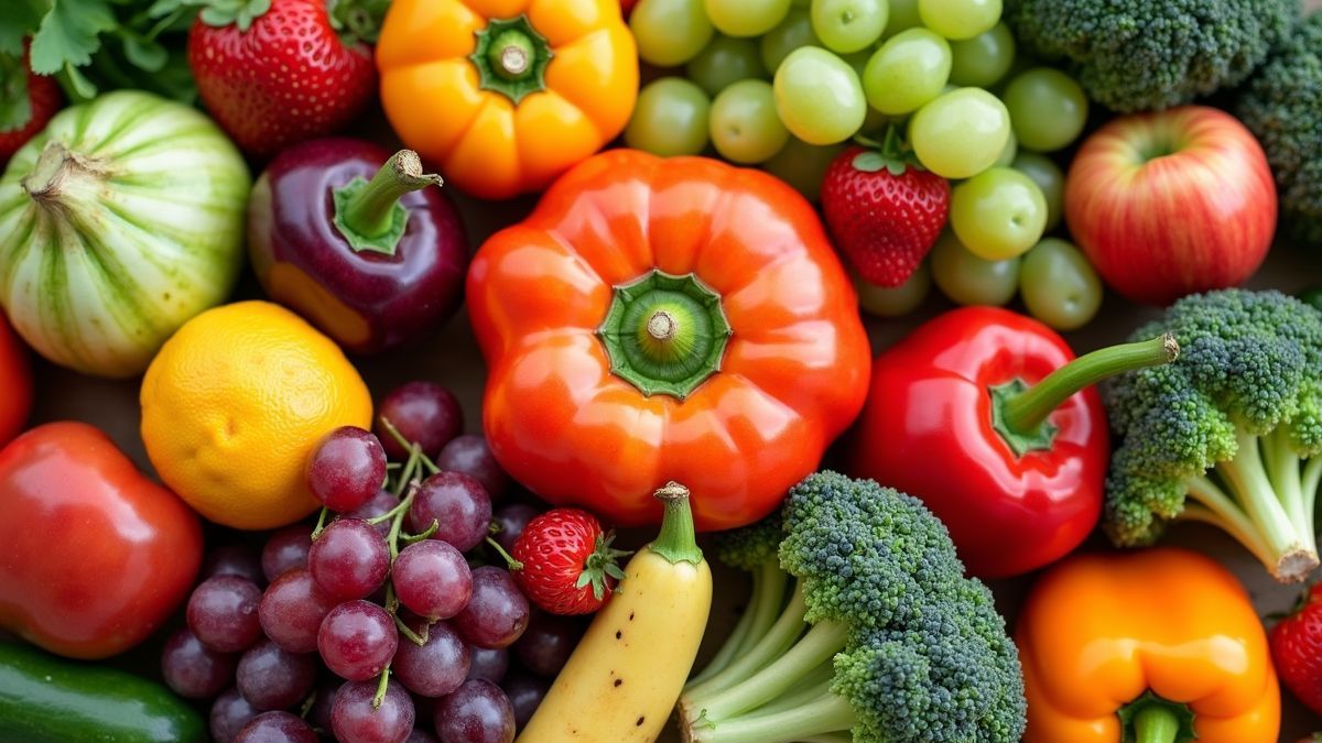 Een kleurrijke rij fruits en groenten die gezonde voeding zonder suiker symboliseert.