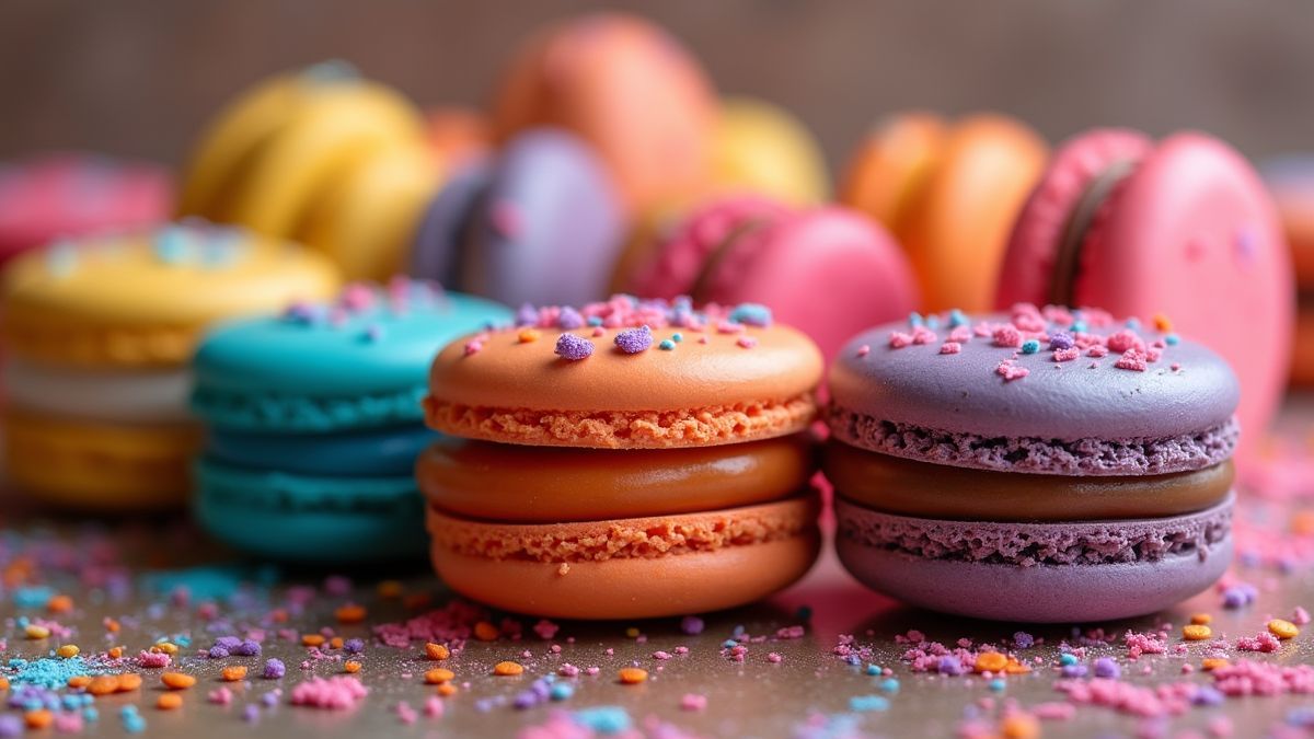 Een kleurrijke schikking van chocolade macarons met decoraties