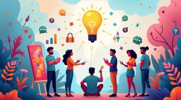 Een kleurrijke scène van creatieve activiteiten zoals schilderen, digitale innovatie en brainstormsessies.