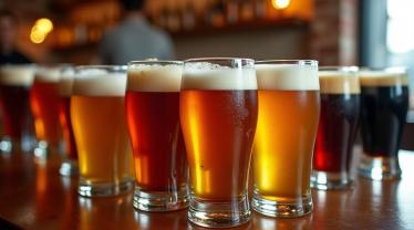 Een kleurrijke selectie van Belgische bieren in een rustieke caféomgeving