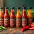 Een kleurrijke selectie van hete sauzen en chilipepers