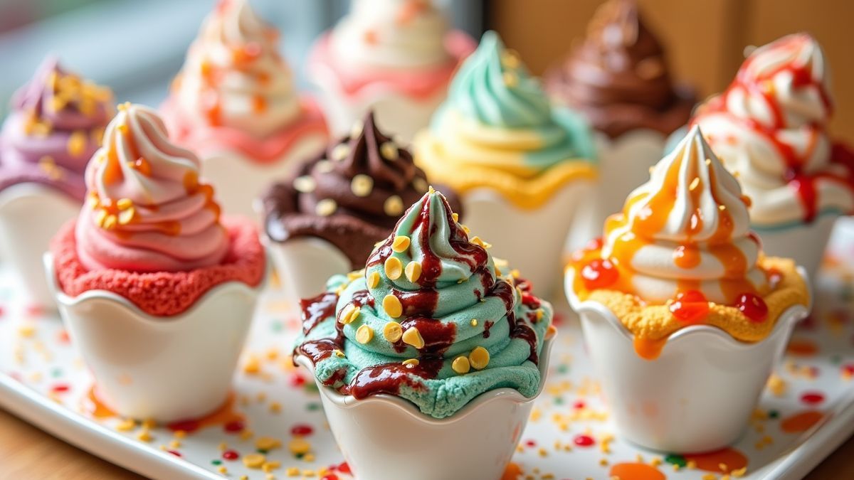 Een kleurrijke selectie van verschillende sundaes met toppings
