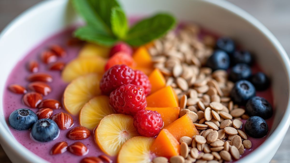 Een kleurrijke smoothie bowl met fruit en zaden.