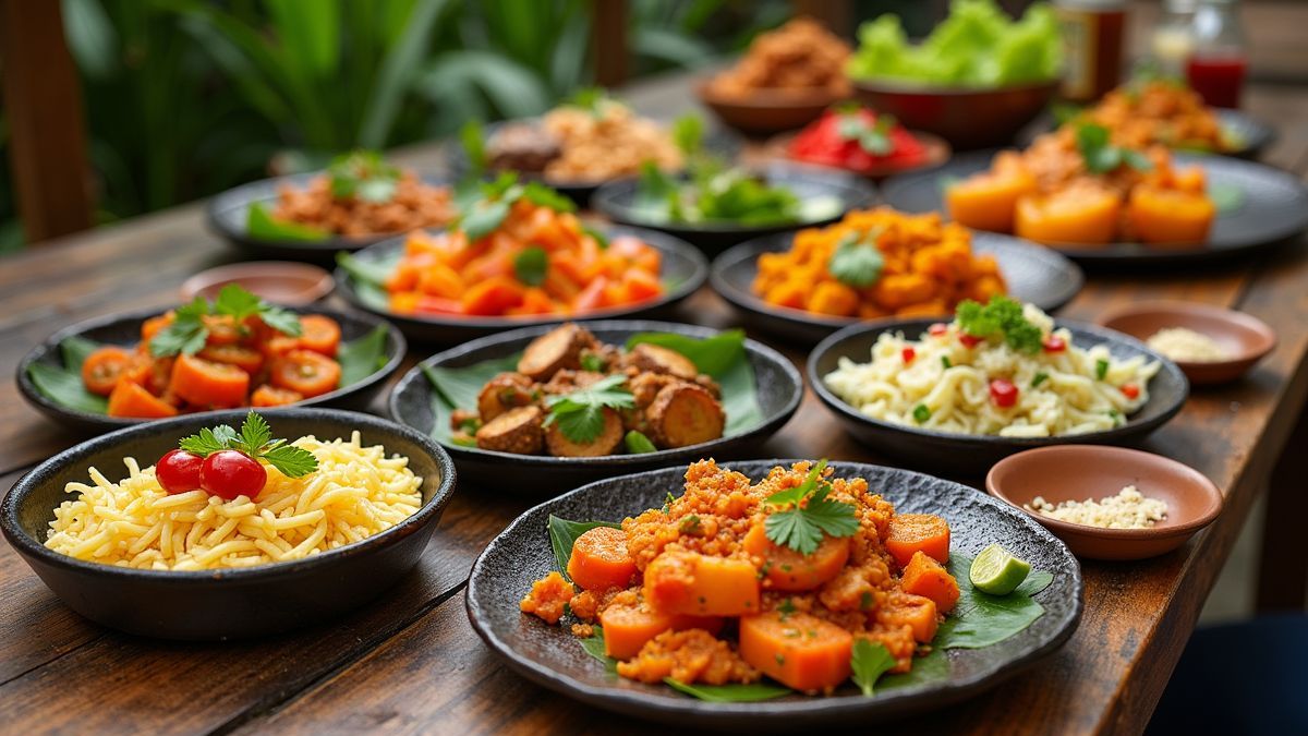 Een kleurrijke spread van vegetarische gerechten op een houten tafel