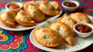 Een verscheidenheid aan empanadas op een houten tafel.