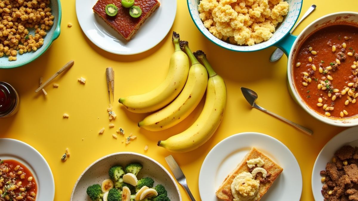 Een kleurrijke tafel met verschillende bananengerechten