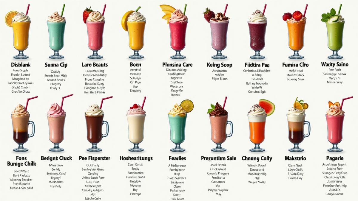 Een kleurrijke tafel vol met creatieve milkshake variaties, van klassiek tot fantasierijk.