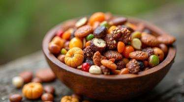 Een kleurrijke variëteit van trailmix in een rustieke houten kom buiten