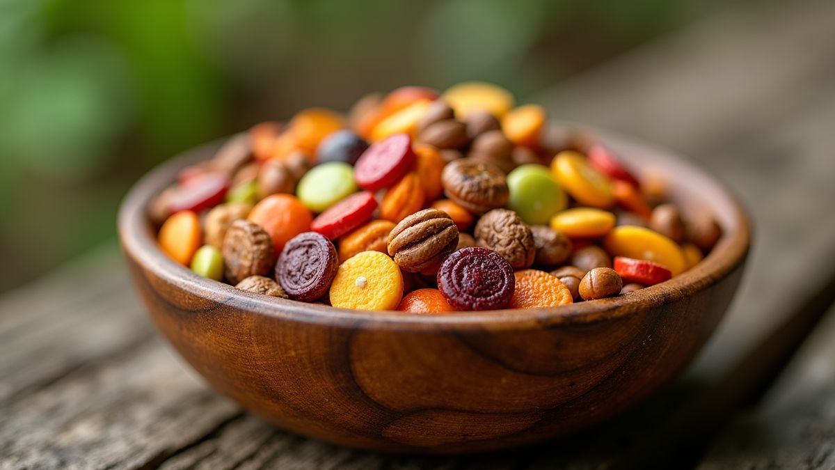Een kleurrijke variëteit van trailmix in een rustieke houten kom buiten