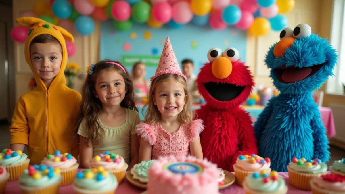 Een kleurrijke verjaardagsinstelling met kinderen verkleed als Sesamstraat-personages