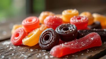 Een kleurrijke verzameling dropjes op een houten tafel