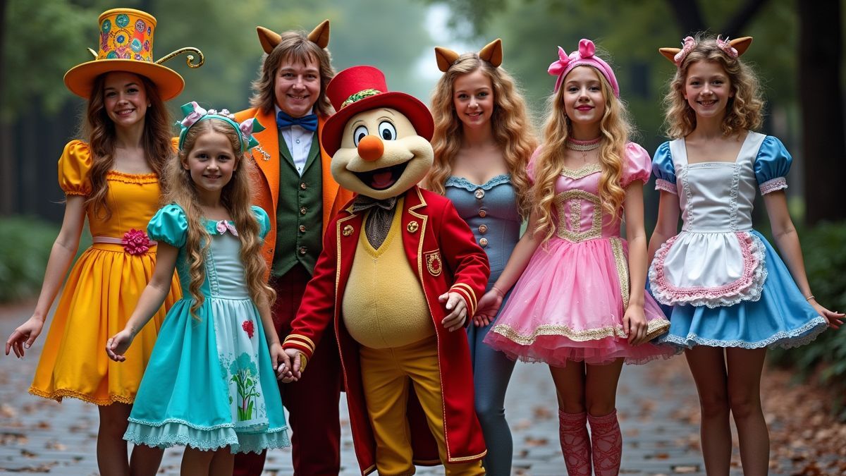 Een kleurrijke verzameling kostuums geïnspireerd door personages uit Alice in Wonderland