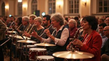 Een kleurrijke viering van muziek met verschillende instrumenten en mensen die samen muziek genieten