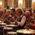 Een kleurrijke viering van muziek met verschillende instrumenten en mensen die samen muziek genieten