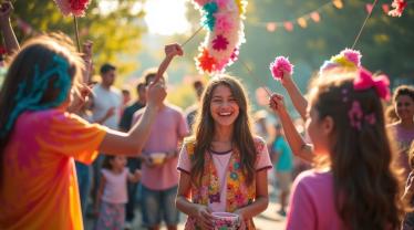 Kleurrijke piñatas in een feestelijke buitenomgeving met kinderen die vieren.
