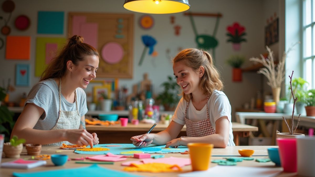 Een kleurrijke werkplaats waar mensen aan het upcyclen zijn