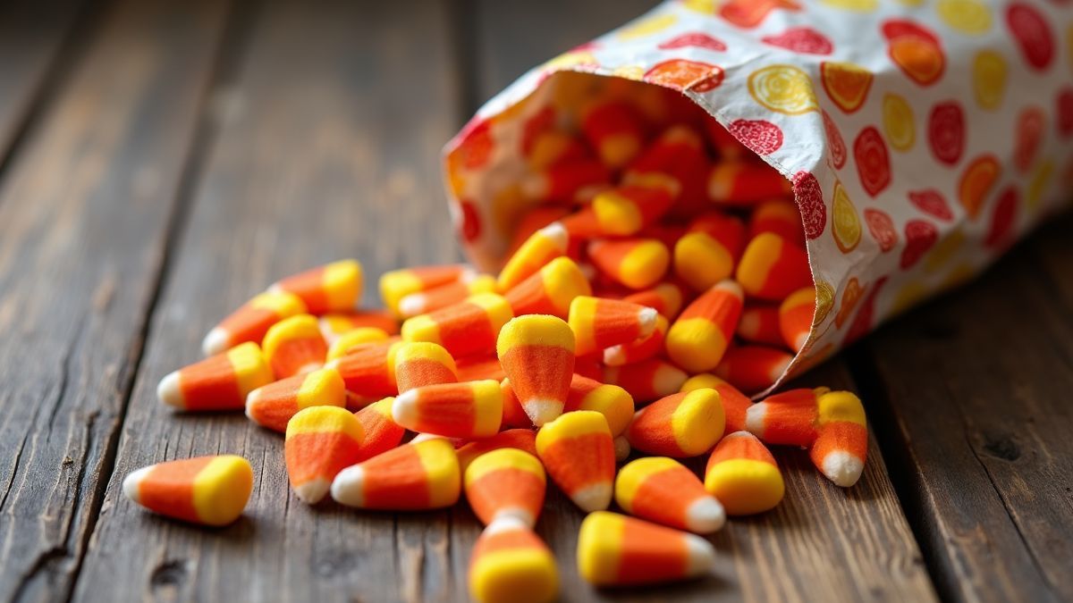 Een kleurrijke zak candy corn die op een rustieke houten tafel valt