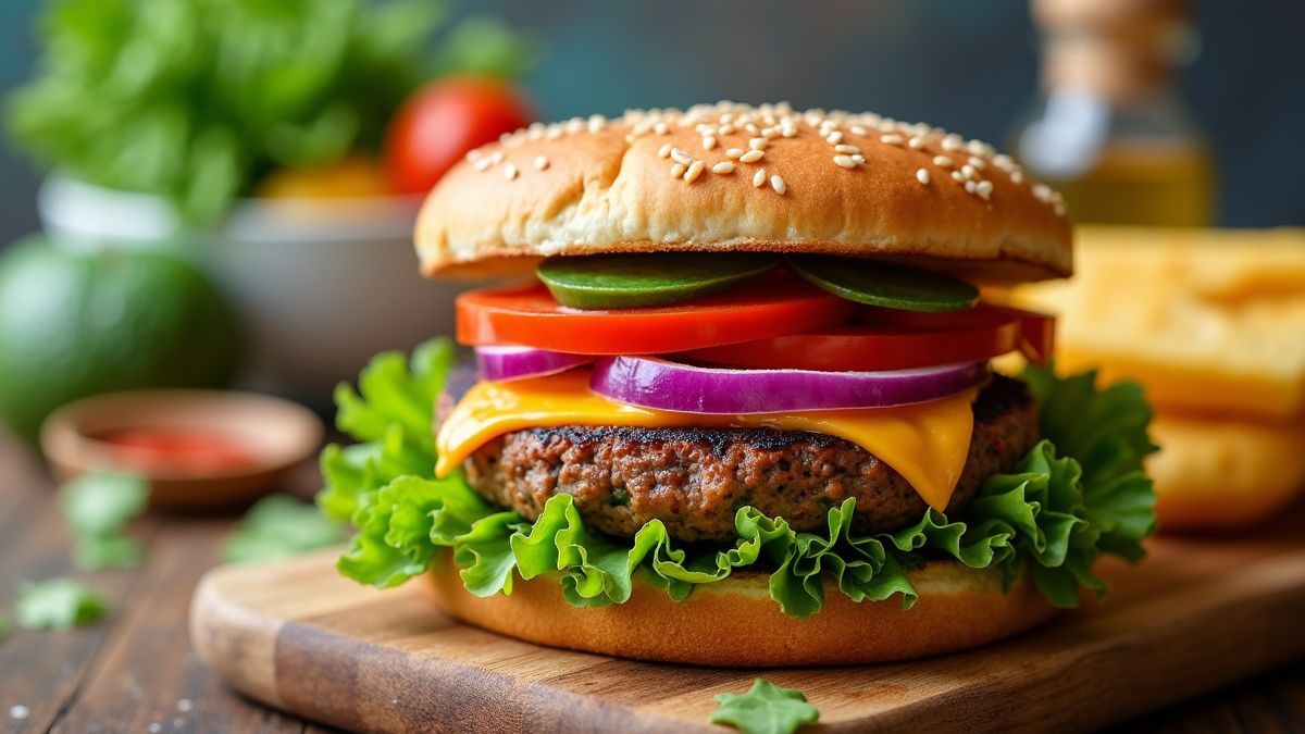 Een kleurrijke zelfgemaakte veggie burger met verse groenten