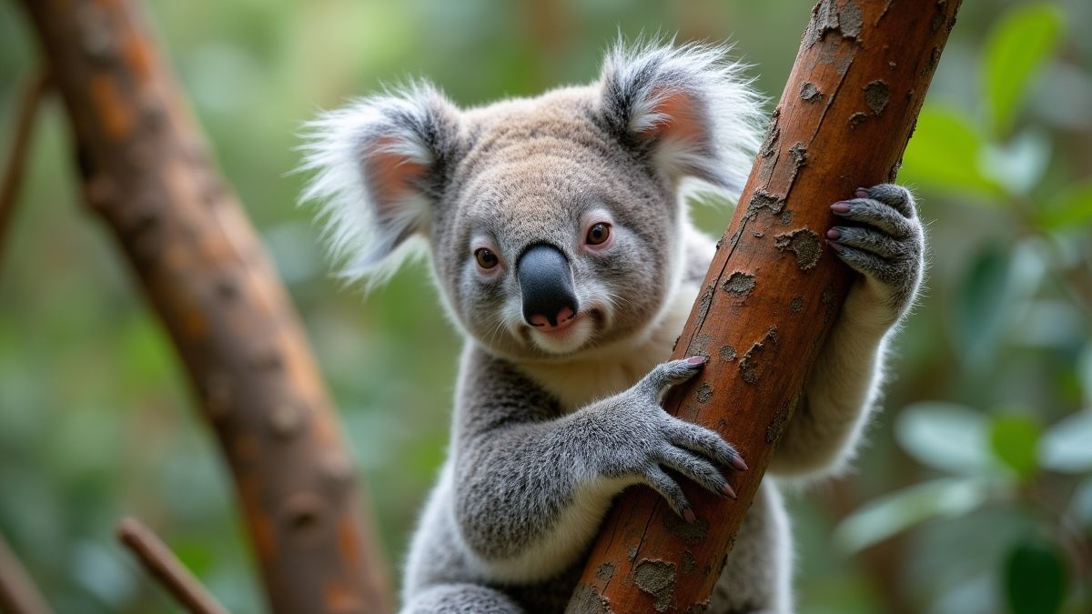 Een koala die een tak van een eucalyptusboom vastpakt.