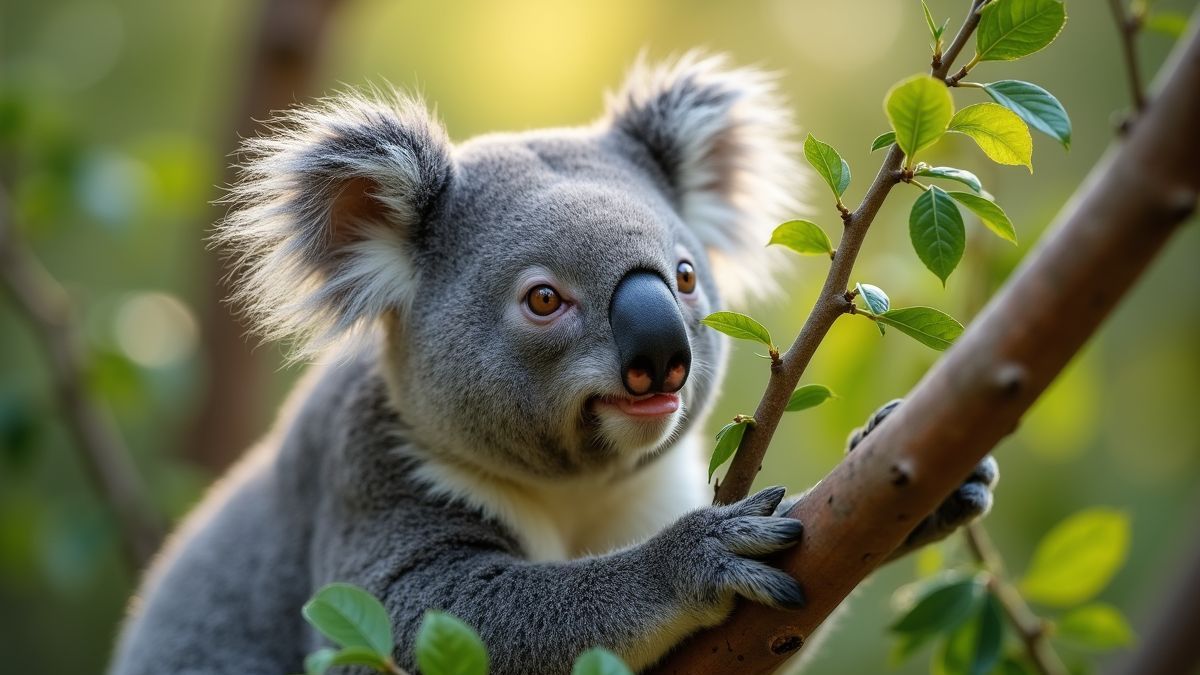 Een koala die eucalyptusbladeren aan het eten is in een levendig Australisch bos.
