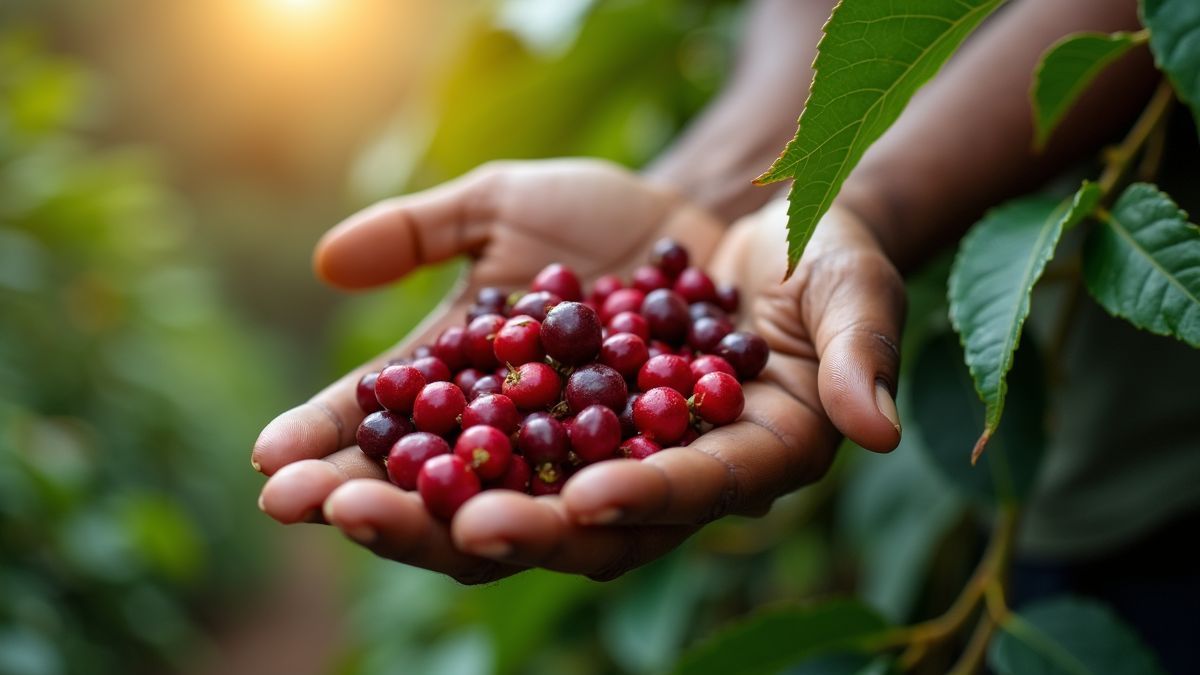 Een koffieboer die koffiebonen plukt