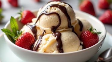 Een kom vanille roomijs met vers fruit en chocoladesaus