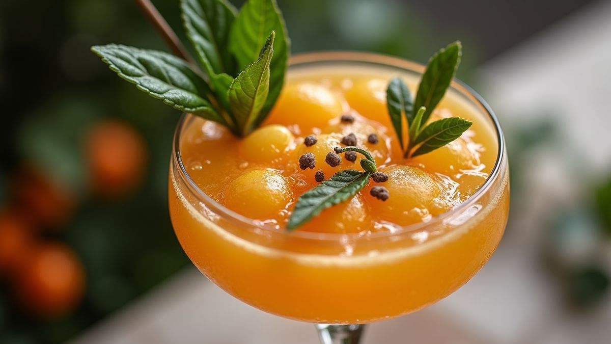 Een kunstzinnig gemaakte alcoholvrije mocktail met verse kruiden en fruit.