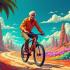 Een kunstzinnige afbeelding van Albert Hofmann op een fiets in een psychedelisch landschap.