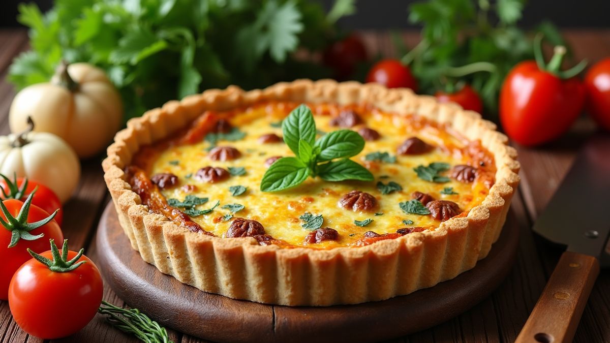 Een landelijke keuken met een versgebakken quiche en verse groenten