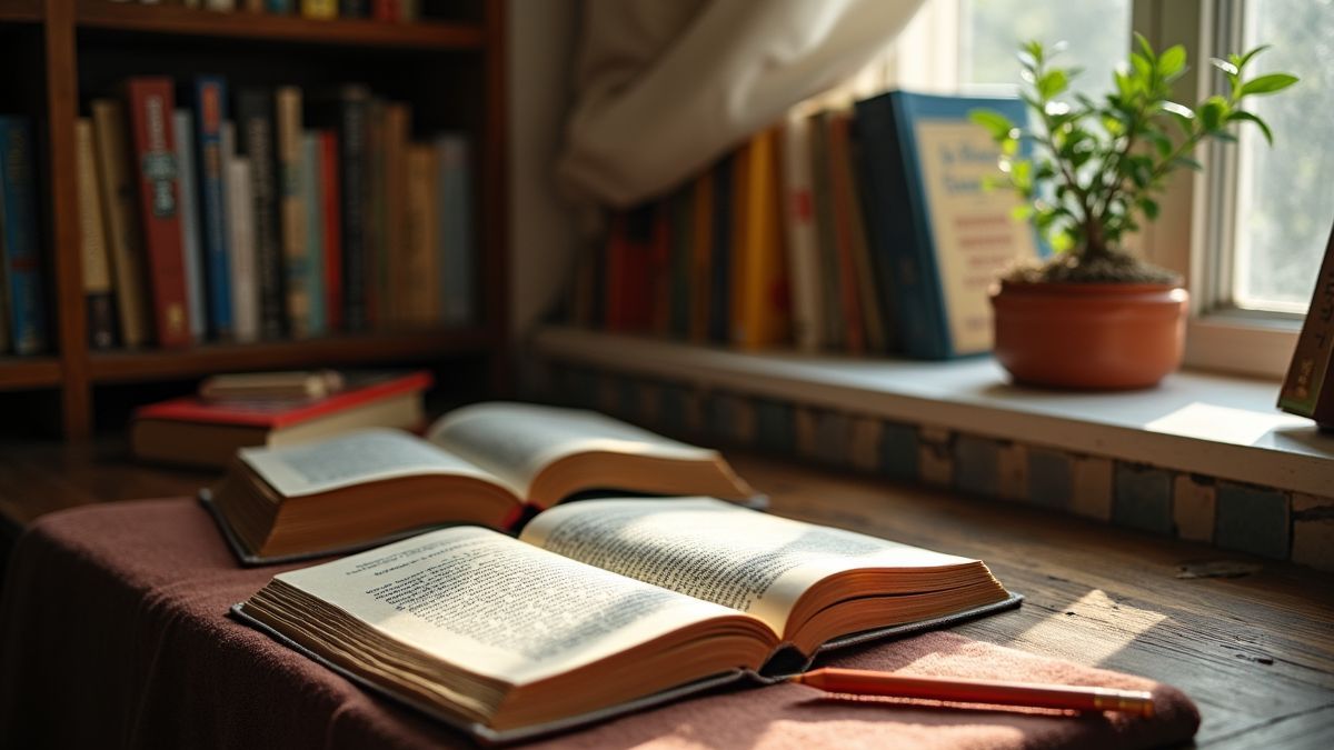 Een leeshoek met Wit-Russische boeken en schrijfmateriaal.
