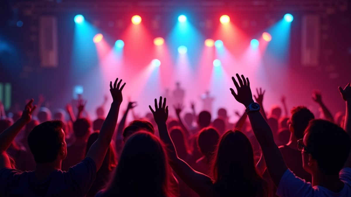 Een levendig concert met een juichende menigte en kleurrijke lichten